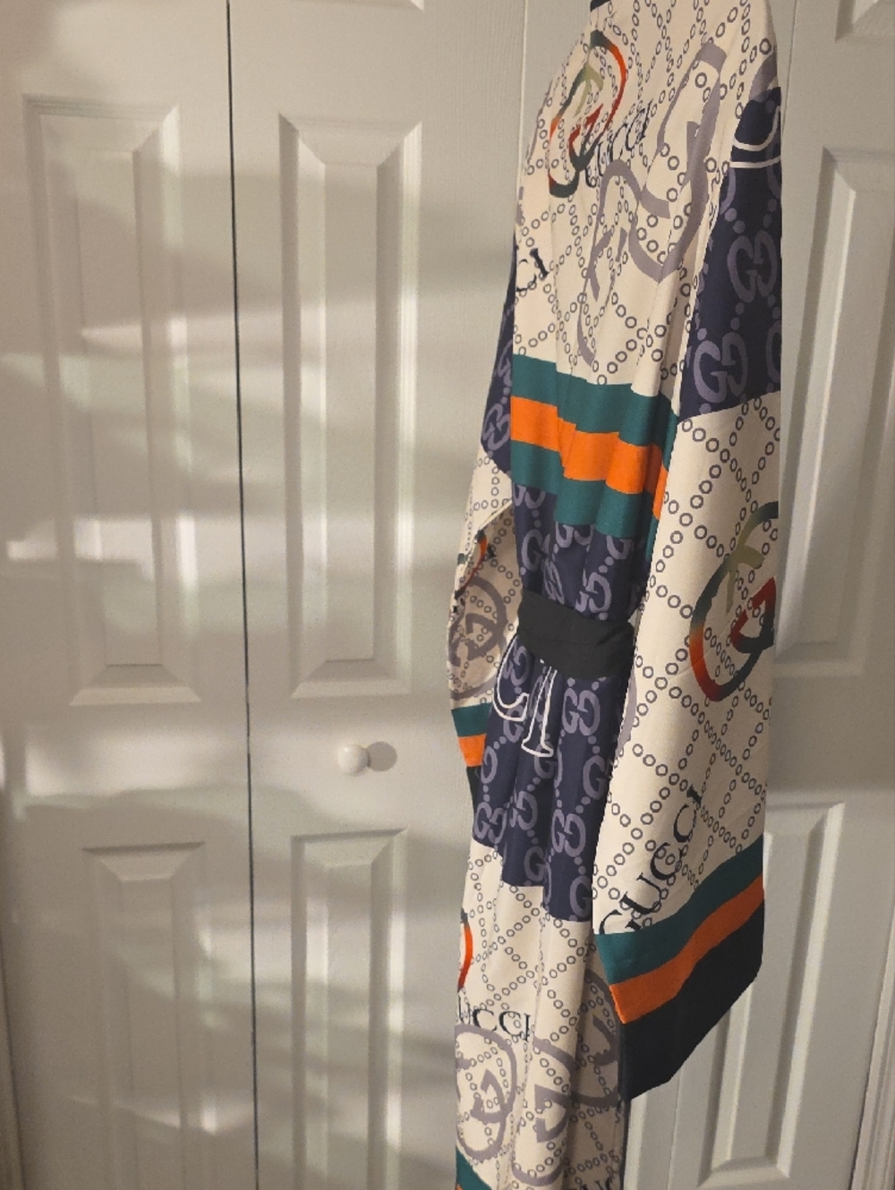 Gucci Cream, Navy & Green And Black Logo Robe/ Duster/coverup, Orange Accents - Picture 4 of 7